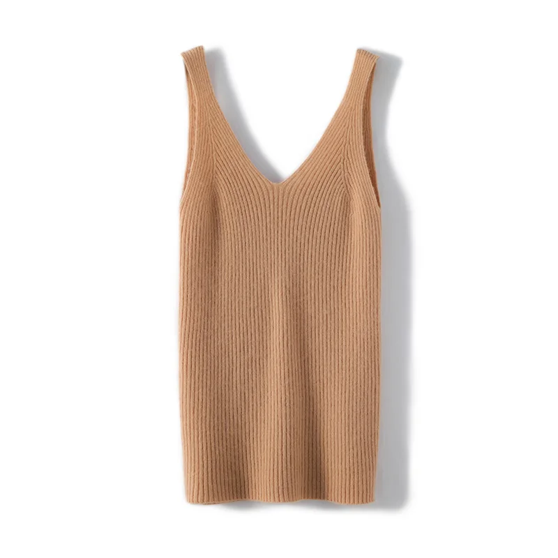 100% Merino Solid Color Wool Suspender Women's V-Neck Slim Fit Pullover Knitted Vest Top