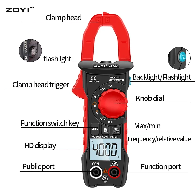 ZOYI ZT-QS4 Digital Clamp Meters Multimeter 600A Tester AC/DC Current 6000 Counts True RMS Capacitance NCV Ohm Hz Transistor