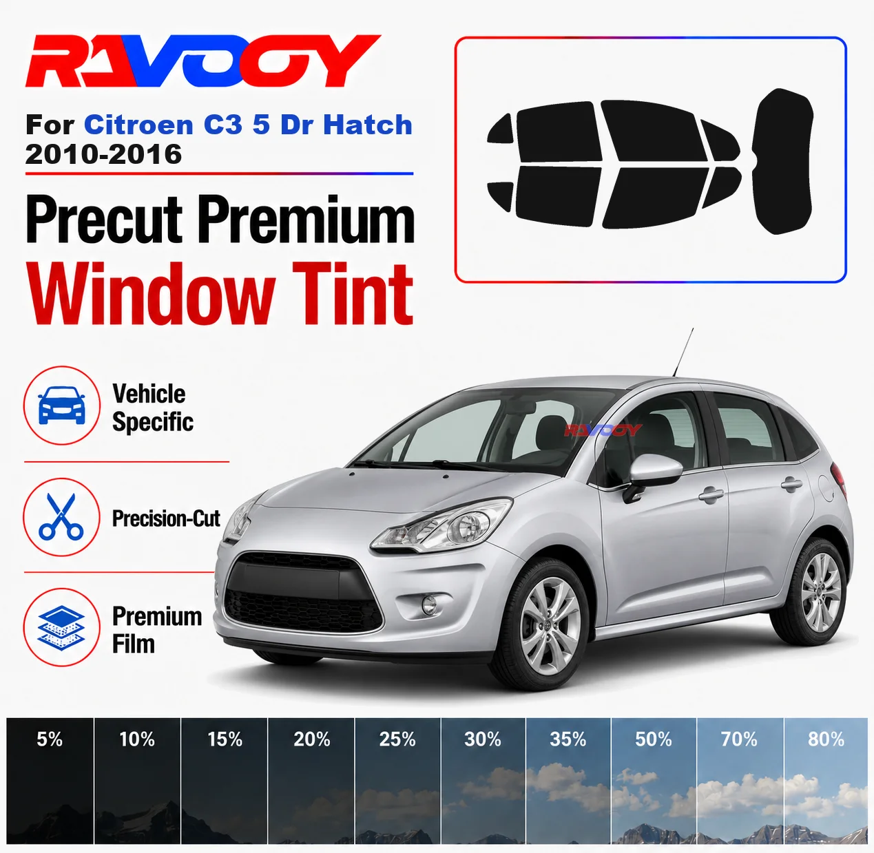 Premium Precut Window Tint Kit Front Rear Windows Rear Windshield For Citroen C3 5Dr Hatch 2010-2016 Car Solar Nano Ceramic Film