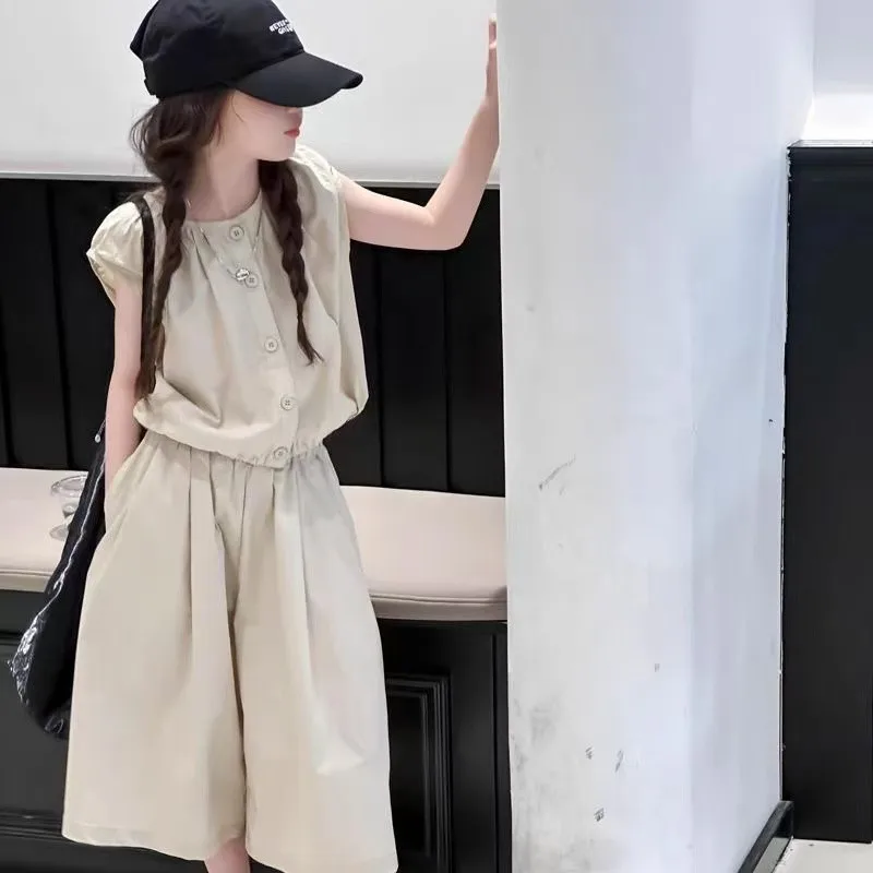 2026 Summer Autumn Teenager Clothes Children Set Top Short Sleeve + Loose Wide Leg Half Pant Suit 4 7 8 10 12 Year