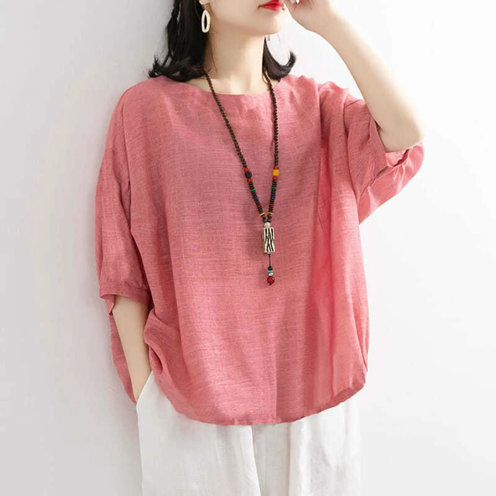 Cotton Linen Shirts Women\'s Tops And Blouses Loose Fit Short Sleeve Summer Casual Crewneck Loose Shirt Vintage Boho Beach Wear