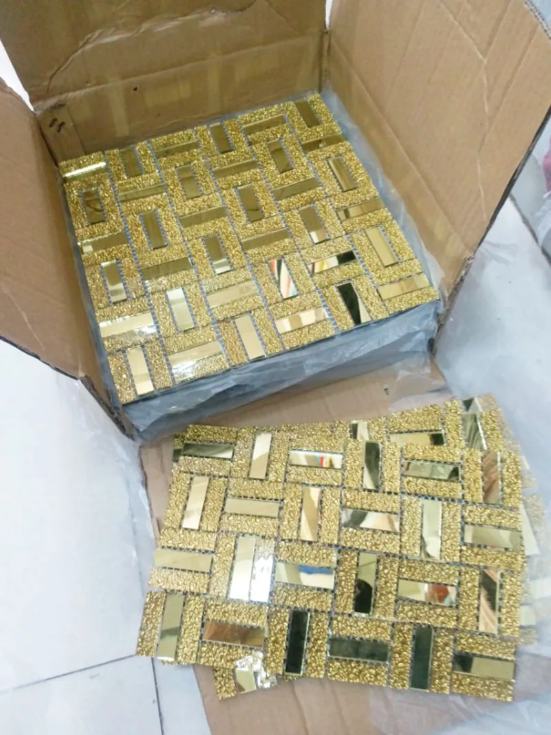 Luxuriöse goldene Glasmosaikfliesen, 30 x 30 cm, mediterraner Stil, Kristall-Wandaufkleber, 11 Stück/Packung für TV-Hintergrunddekoration