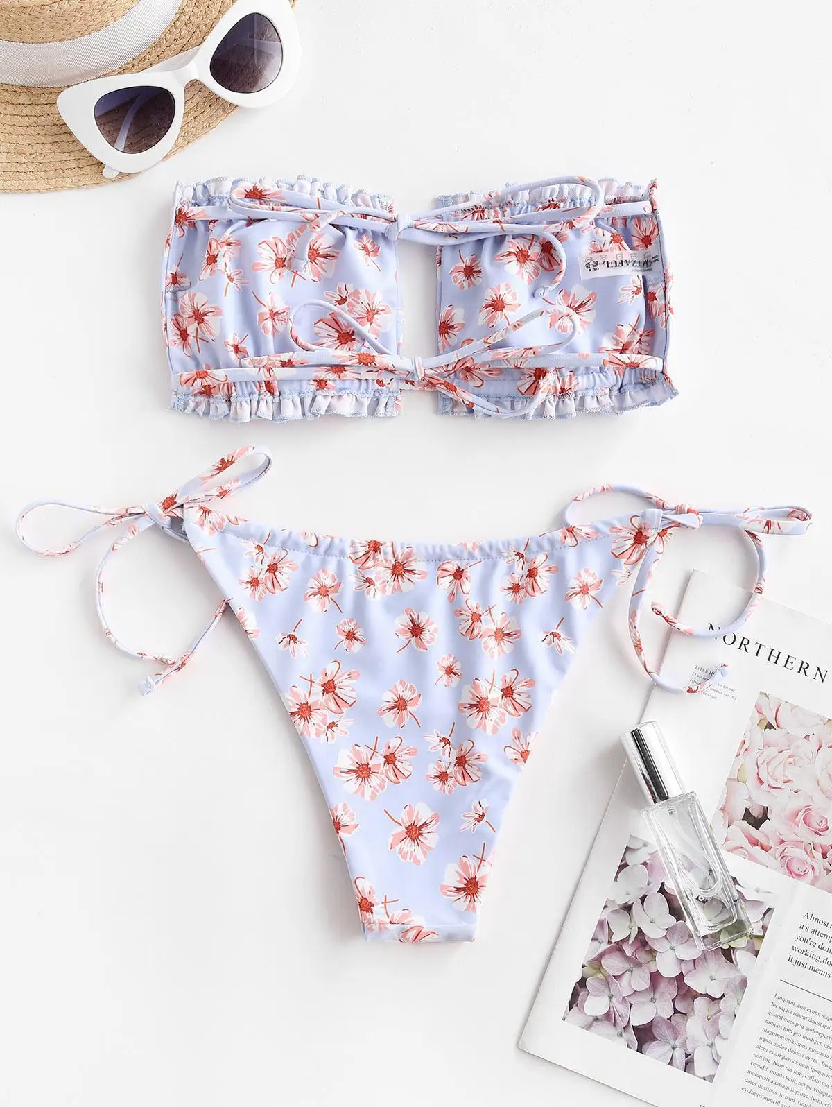 Biquíni de corda estampado floral para mulheres maiô bandeau, swimwear sexy, maiô feminino, moda praia para natação, 2021