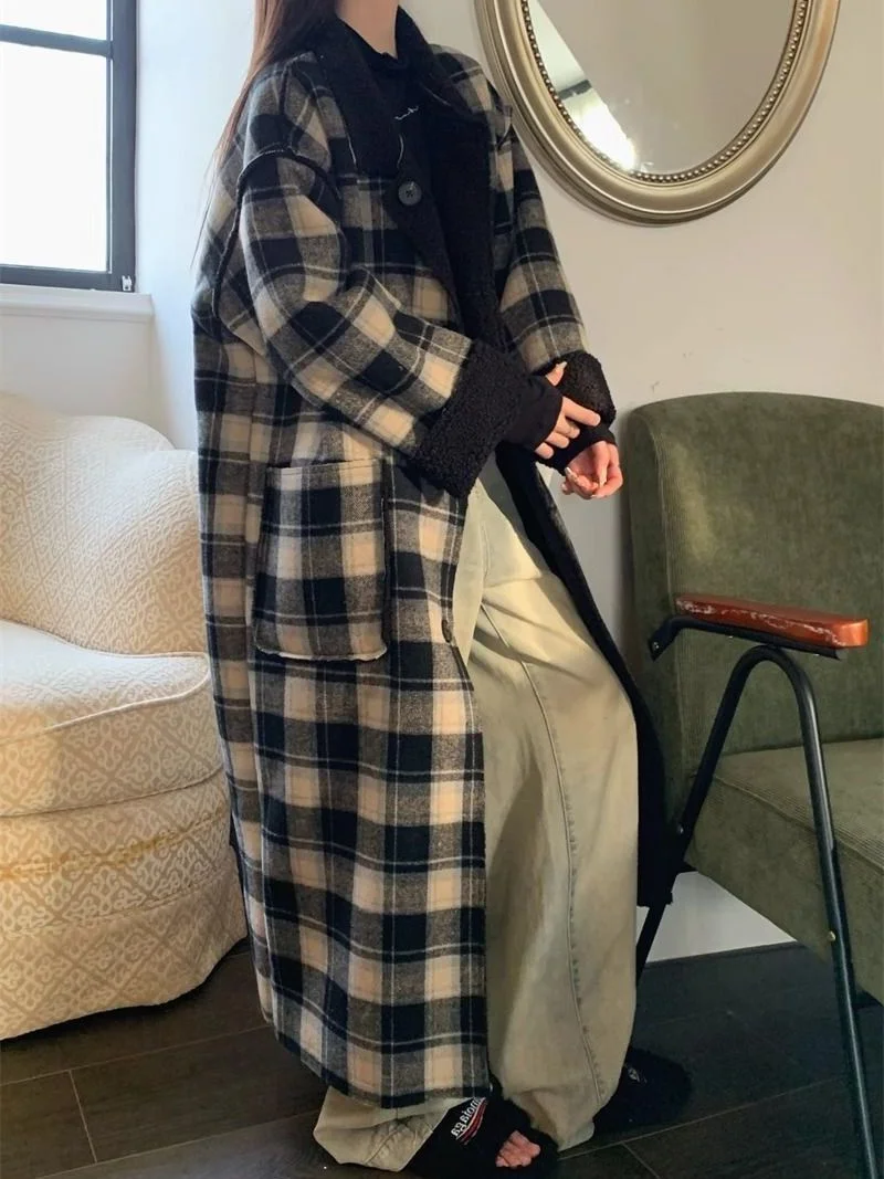 

plus Size Winter Coat Thickened Winter Outfit Women's Loose Knee-Length Vintage Tweed Coat Long Sleeve Cardigan Style Fashion