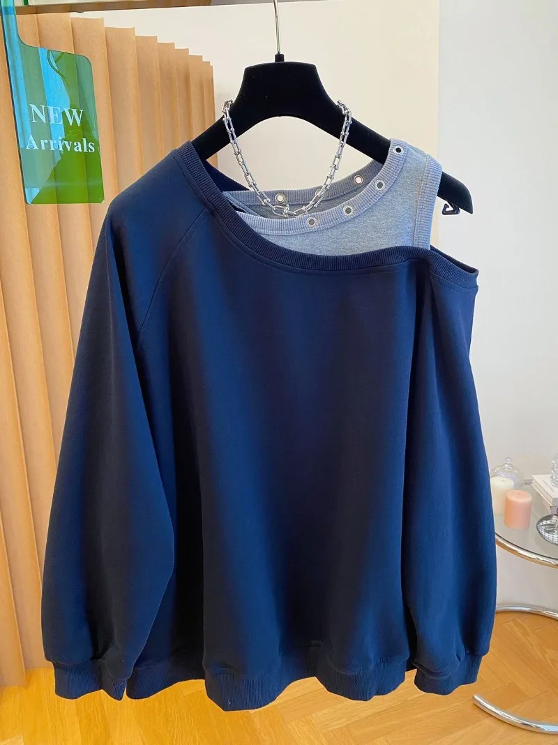 Felpa con cappuccio in tinta unita con spalle scoperte in due pezzi finta semplice e versatile da donna Autunno sciolto in un unico hip-hop in due pezzi finti di grandi dimensioni