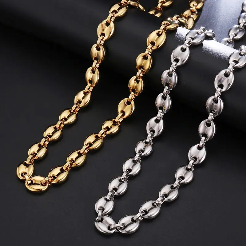 Wholesale Jewelry -- ( 21 cm x 11 mm ) 316L titanium steel Gold Color Coffee Bean\'s Bracelets Necklaces Jewelry For Men No Fade