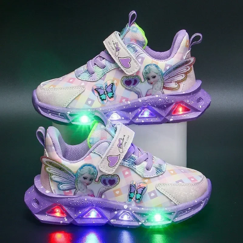 Fashion New Style Children Led Shoes Popular Brand Kids Girls Sneakers Disney Elsa Princess Lighting Shoes Casual Sports Shoes