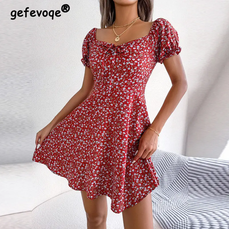 Floral Print Rüschen Lace Up Chic Süße Kurzarm Strand Mini Kleid Frauen Sommer Mode Sexy Backless Hohe Taille Schlank kleider