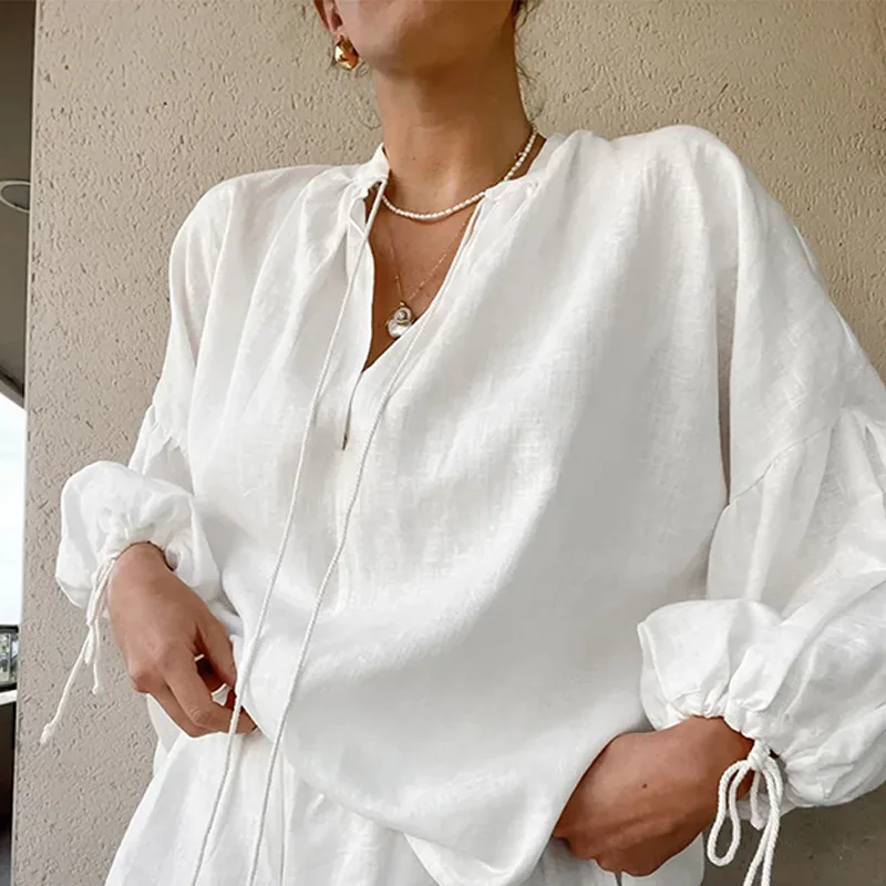 White V-neck Long Sleeve Lace Up Blouse Shorts Sets Women Lace Up Shirt Elastic Waist Shorts Suit Summer Casual Vacation Outfits