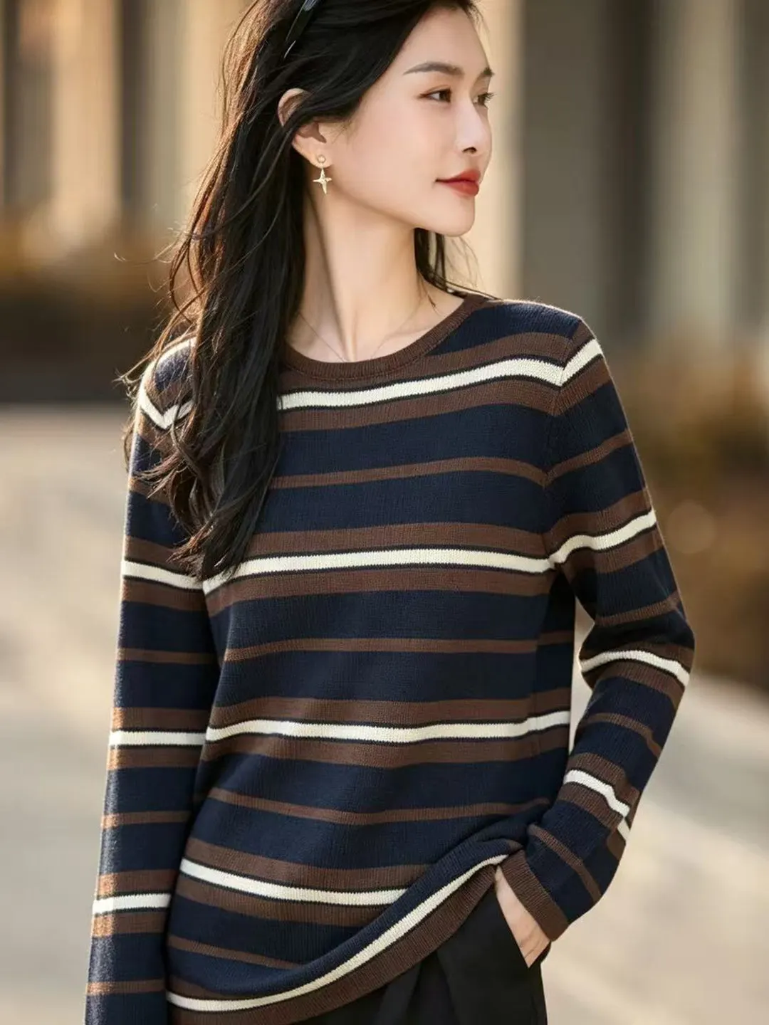 Thickened Pure Cotton Vintage Striped round Neck Knitted Sweater Women's Loose Base Layer Sweater Slimming Top Versatile
