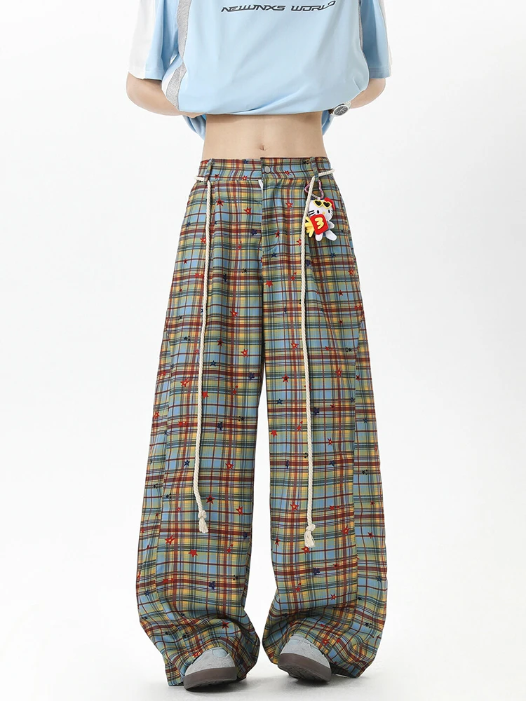 

Vintage Plaid Pants Straight Leg Wide Leg Thin Summer Casual Pants Women's Lazy Sle Trousers Faionable Youthful Trend