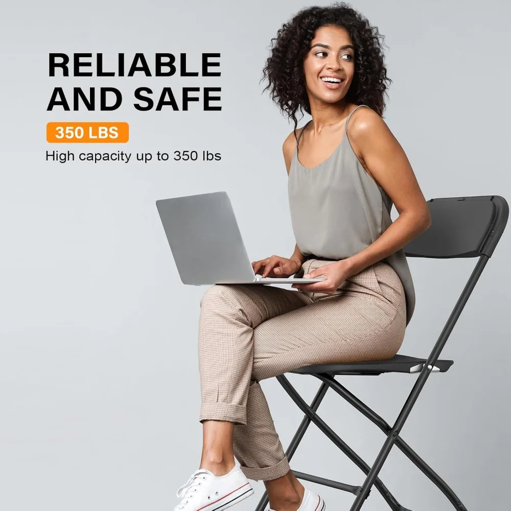 เก้าอี้พลาสติกพับได้แบบพกพา - 6 แพ็ค เก้าอี้นั่งในร่มกลางแจ้งสีดำพร้อมโครงเหล็ก ความจุ 350 ปอนด์