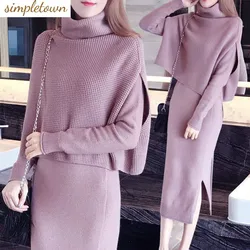 Autumn and Winter New High Neck Mid Length Woolen Dress Over the Knee Korean Version Thick Vest Skirt Two-piece Set for Women