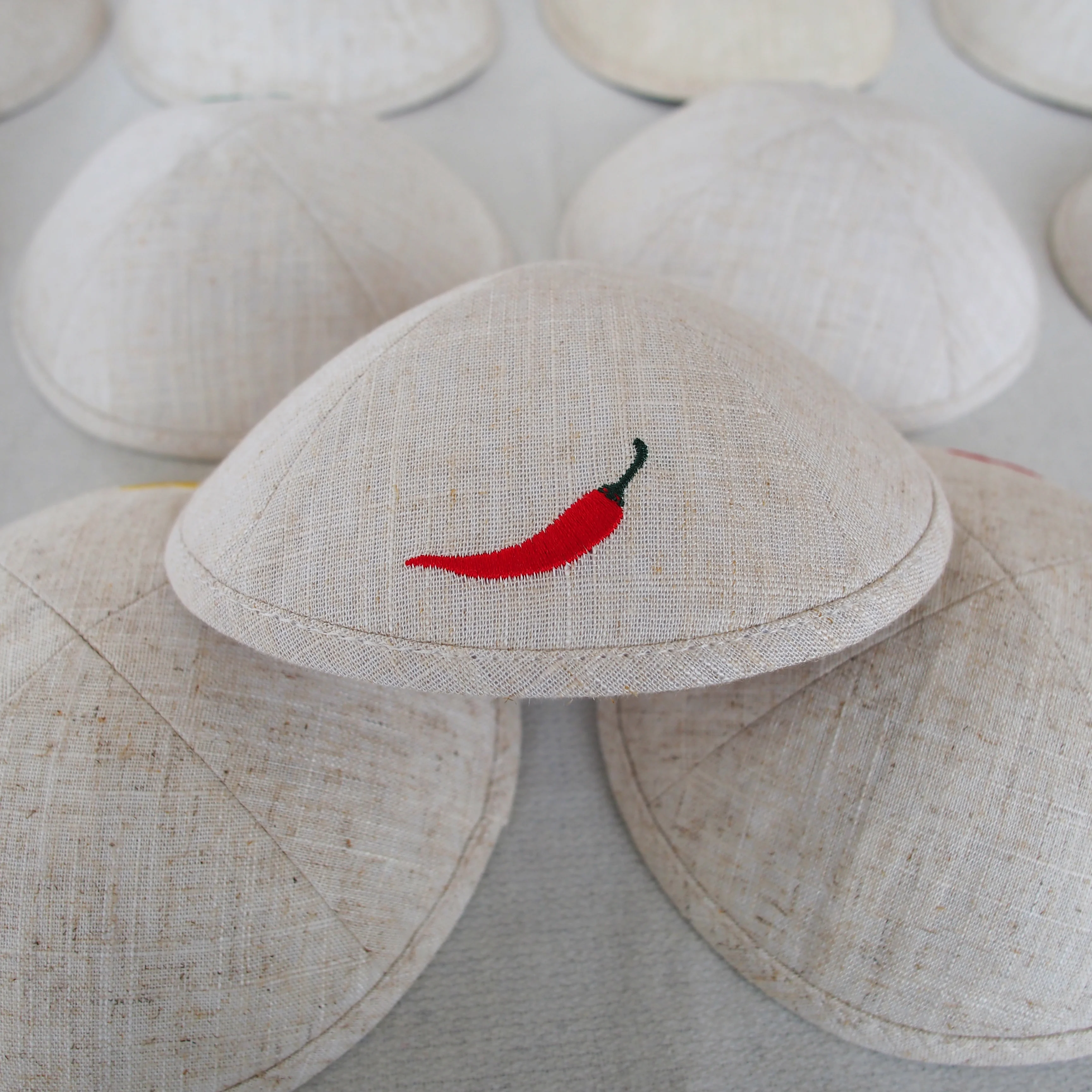 

Custom 2-sided embroidered linen kippa, Jewish Ahava, customizable kippot for weddings and barbat mitzvahs, Jewish gift yarmulke