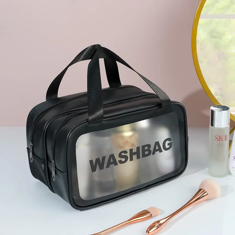 Bolsa de maquillaje de PU transparente doble, bolsa de almacenamiento de cosméticos de viaje portátil con separación en seco y agua para artículos esenciales de natación y Fitness