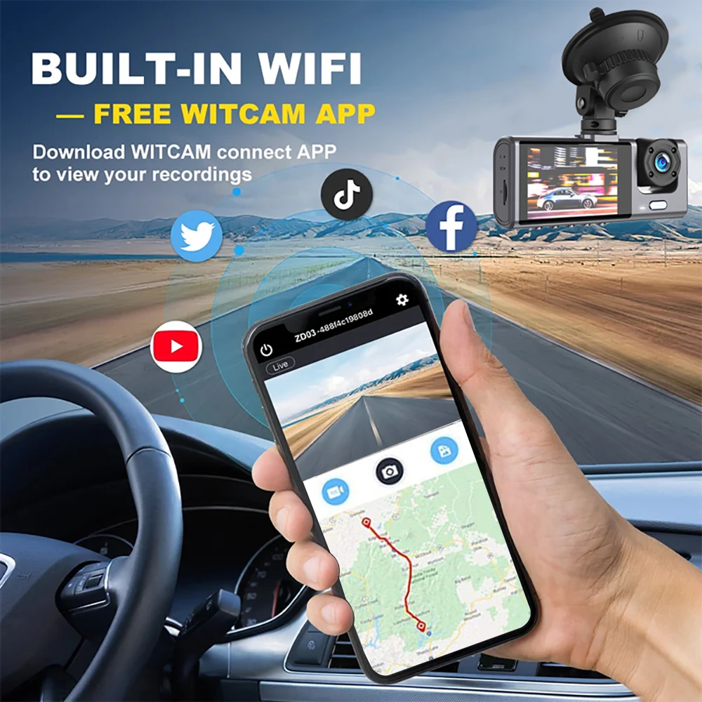 3 canali WiFi APP GPS Dash Cam per auto fotocamera Car Dvr 1080P videoregistratore telecamera per retromarcia per veicolo scatola nera accessorio