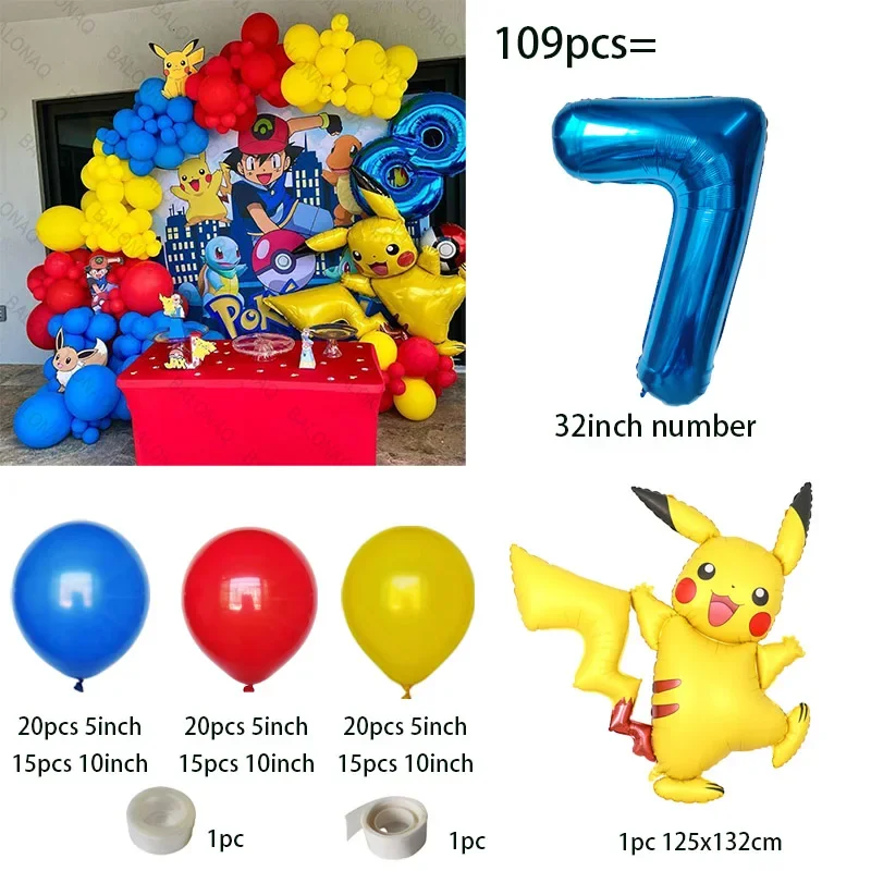 109 Stück Pokemon Pikachu Thema Geburtstagsballon Stehend Pokemon Babyparty Globos Kinder Erster Geburtstag Dekorationszubehör