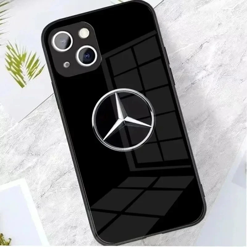 Black White Mirror Face Glass Hard Phone Case For Mercedes Benz iPhone 16 15 14 13 12 11 ProMax Plus X XS Pro Max Car Logo Cover