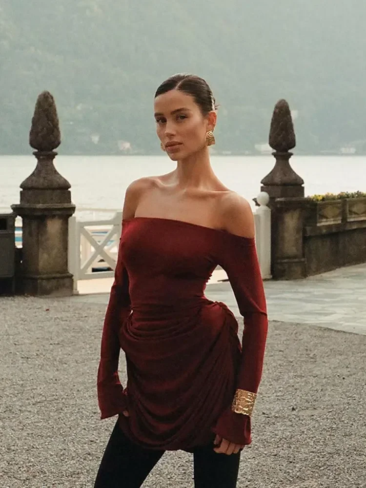 Ruched JERSEY มินิชุดผู้หญิงปิดไหล่แขนยาวไม่สมมาตร Hem Bodycon Vestidos Casual PARTY วันที่ Lady ชุด