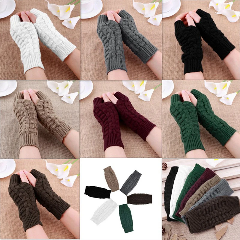 Women Warm Knit Winter Gloves Women Arm Crochet Knitting Faux Wool Mitten Fingerless Gloves Stylish Hand Warmer Winter Gloves