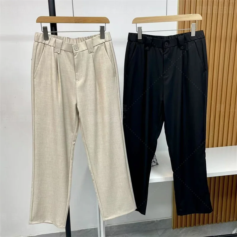 

Men's Faionable Linen-Like Elastic Waist Casual Pants Comfortable Cool Sensation Commuting Spring Summer Straight Leg Trousers