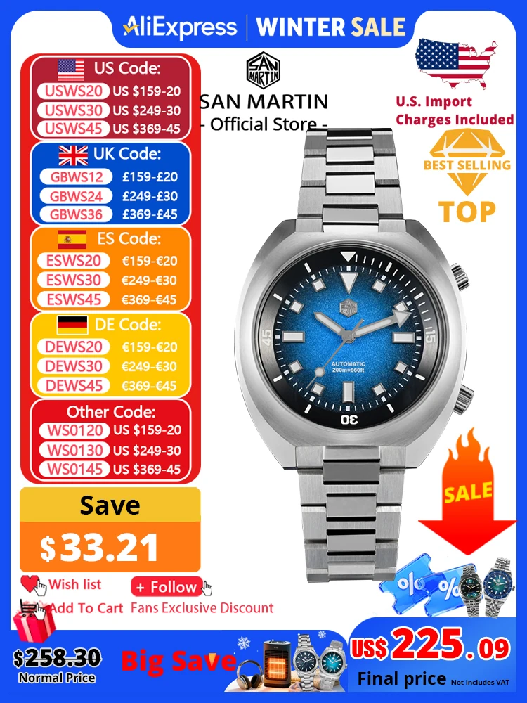 

San Martin 2025 Grained Dial 42mm YN55 Automatic Mechanical Men Diver Watch Internal Bidirectional Rotating Bezel 20 Bar SN0066
