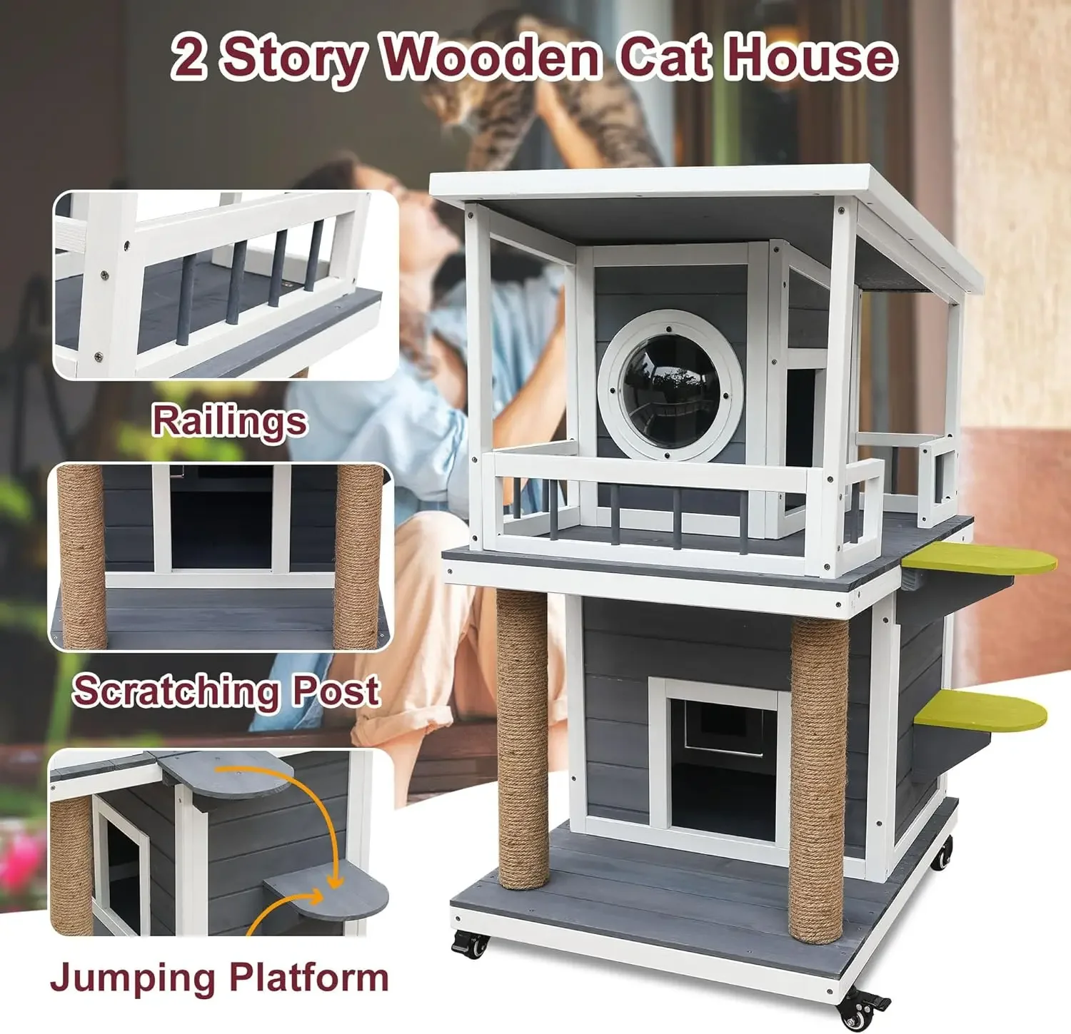 Rockever Outdoor Cat House, 2 Story Feral Cat Houses for Outdoor Wooden Cat Shelter Weatherproof with Escape Door