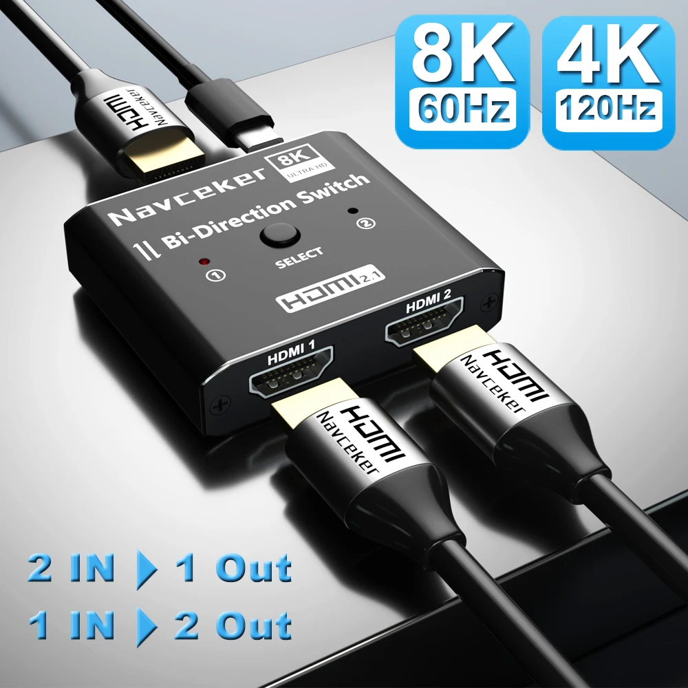 

Navceker 8K 60Hz Switch HDMI-compatible 2 Ports 4K 120Hz HD Bi-Direction Switcher 1x2 2x1 Switch HD Switch for PS5 PS4 TV Box