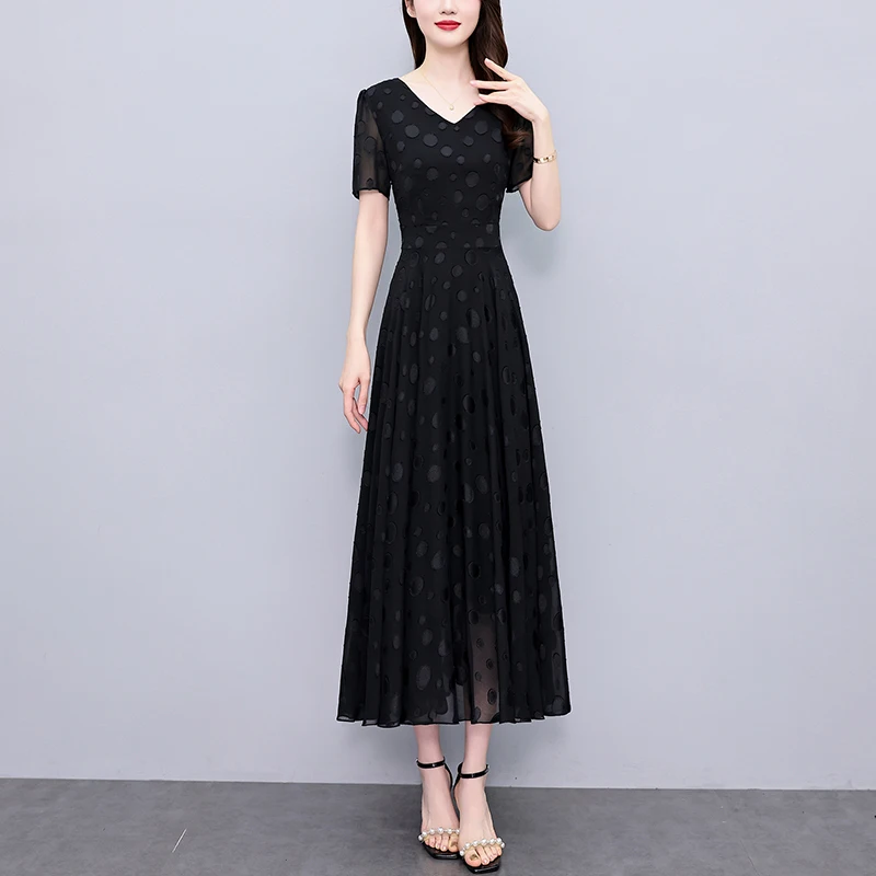 2025 nouveau été Vintage noir robe en mousseline de soie femmes de luxe élégant fête moulante longue robe décontracté Chic bal soirée Midi robes