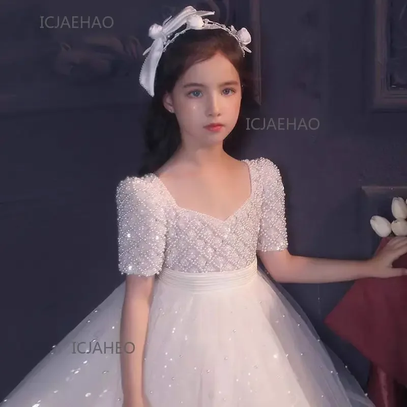 

Party Dress 2025 Children Floral Pearl Dresses Clothes Costume Flower Girl Piano Host Outfit Kids Princess Birthday Gown Pageant