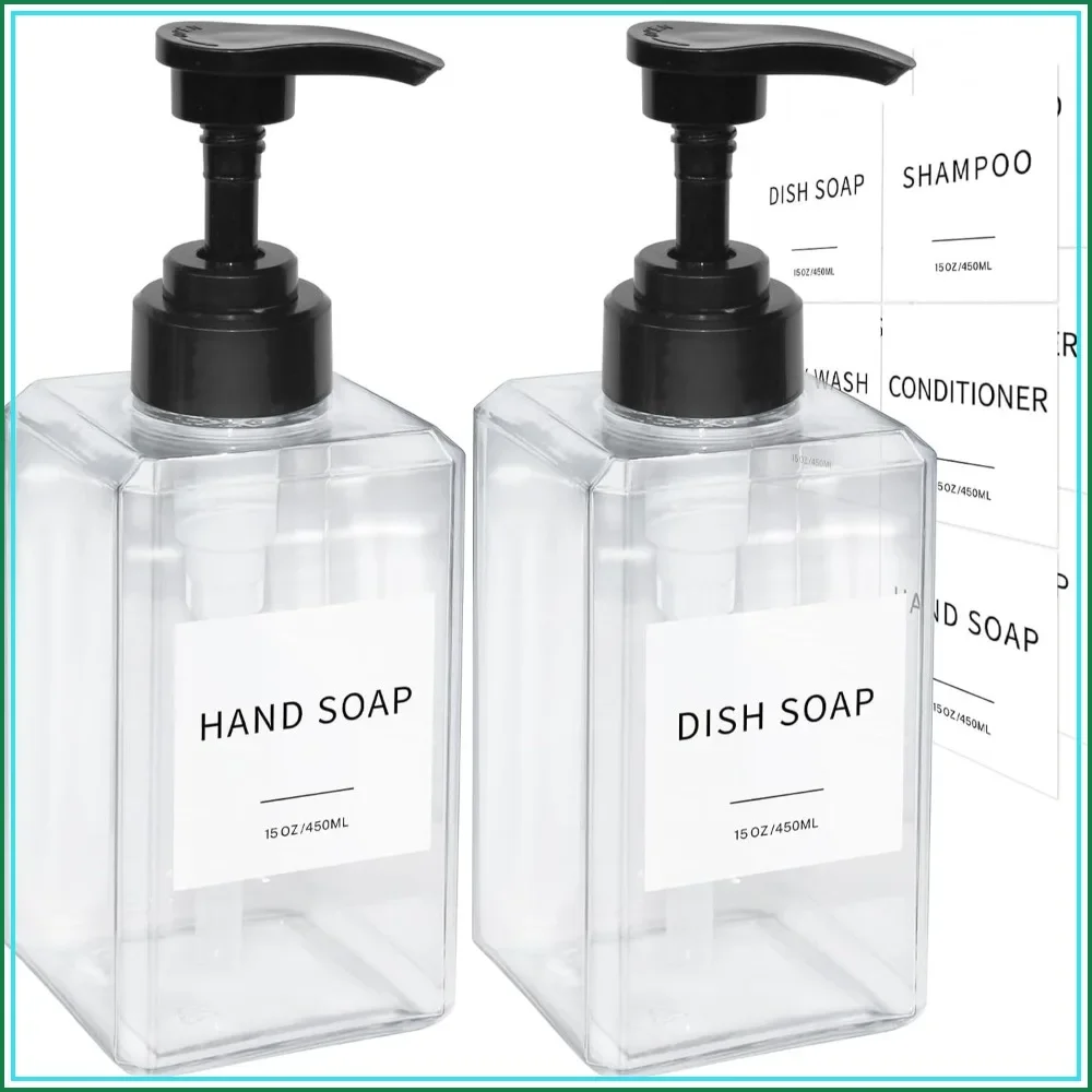 Thickened Plastic Soap Dispenser Set with Waterproof Labels, 15oz 2-Pack, Includes Funnel