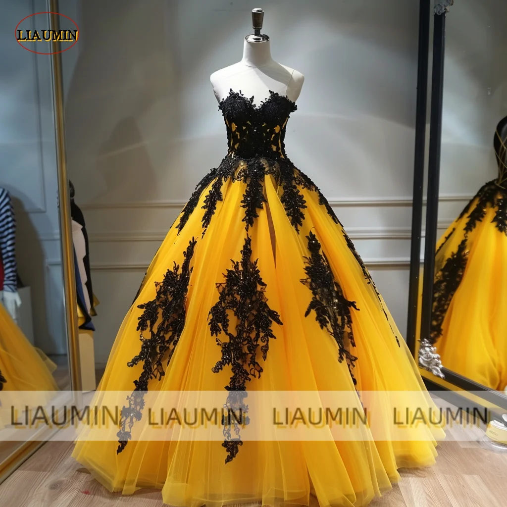 Yellow Tulle Black Lace Applique Strapless Evening Prom Dress A Line Full Length Formal Occasion Party Lace Up Hand Made A1-11