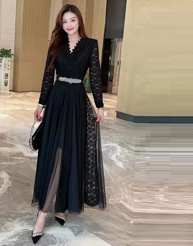 Top Quality New 2023 Spring Long Dress Evening Party Women scollo a v Lace Tulle Mesh Patchwork manica lunga Black Maxi Dress Luxury