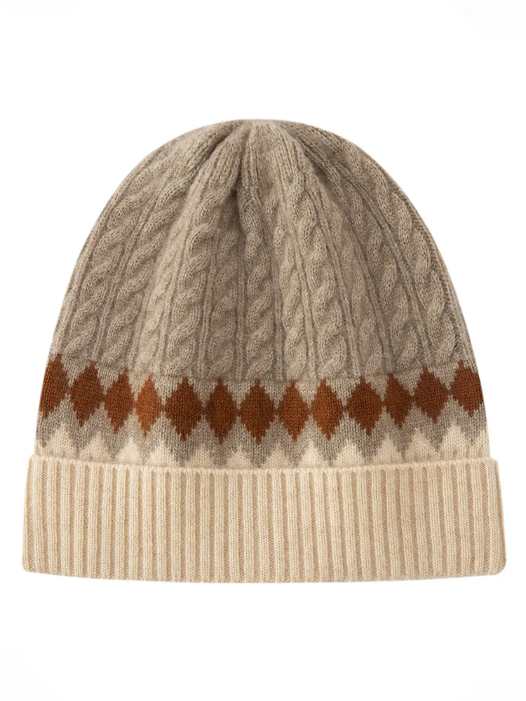 TLOML Women's 100% Cashmere Hat Rhombus Pattern Jacquard Pullover Caps Autumn Winter Soft Casual Cashmere High Quality Retro Hat