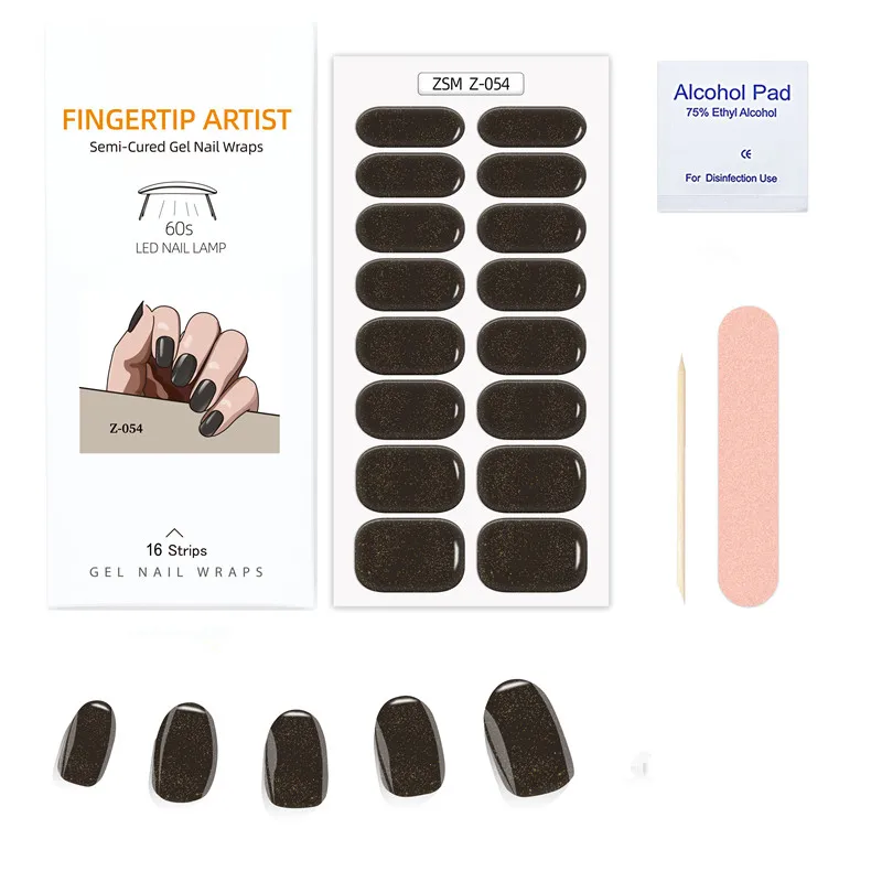 Solid Color 16 Strips Semi-Cured Gel Nail Wraps Adhesive Waterproof Long Lasting Gel Nail Stickers Harden In UV Lamp Need