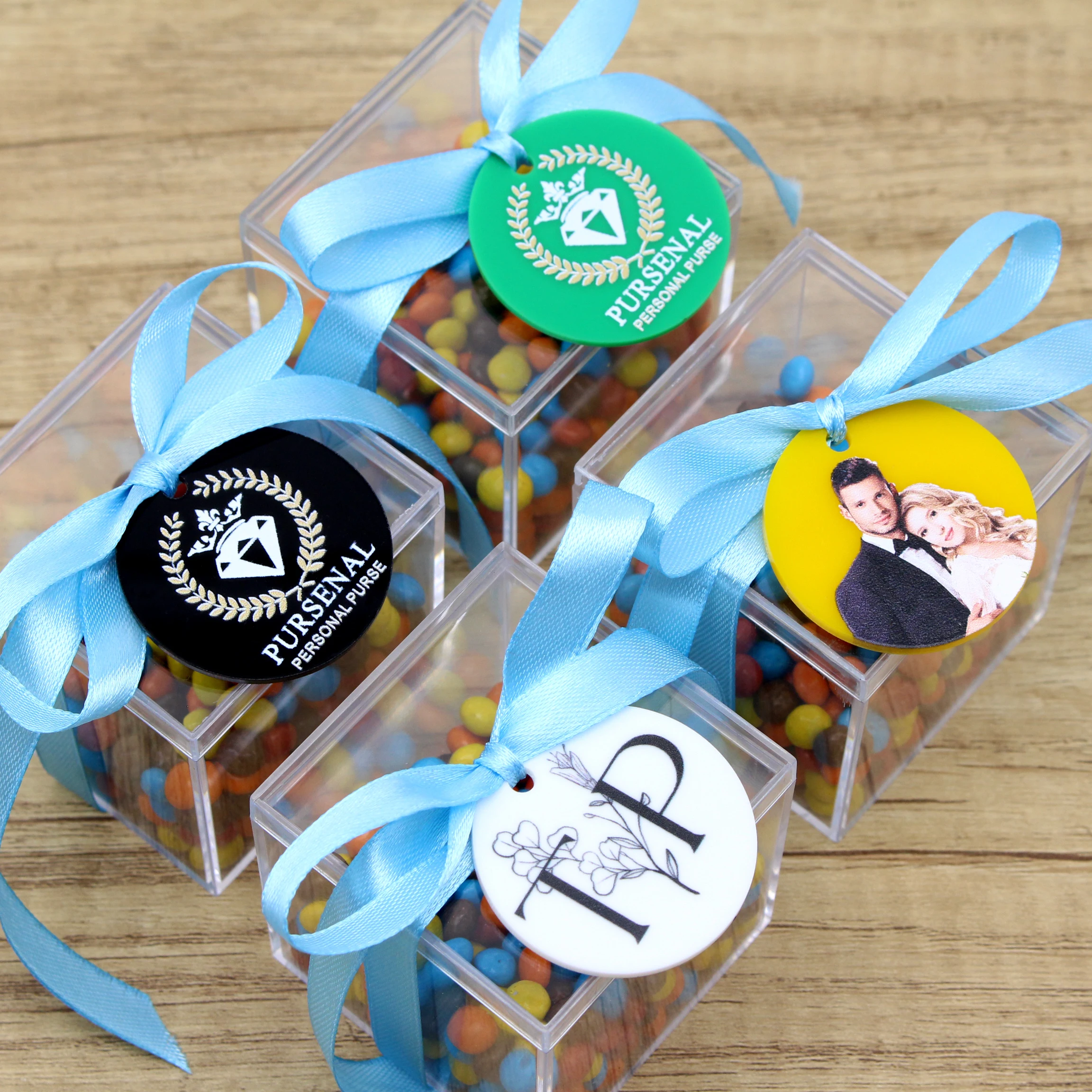 

20/50/100pcs Personalized Printed Logo Photo Acrylic Tags Wedding Party Decor Trademark Customized Baptism Favors Candy Box Tags