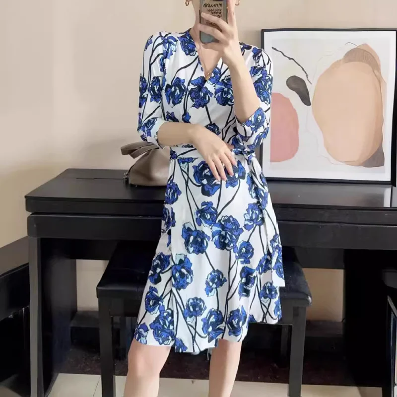 Summer slim women's, Blue new print placket short skirt three-quarter sleeve waist-tight one-piece suspender dress