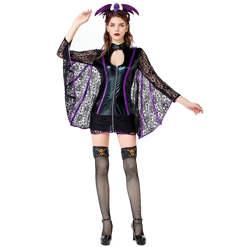 

Halloween New Bat Queen Lace Wings Patent Leather Costume Role-playing Prom Party Bar Performance Suit