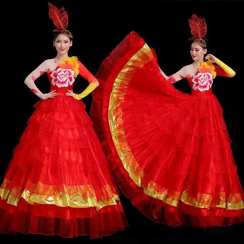 Spanish Bullfight Red Dress Flamenco Dance Performance Costume Opening Dance Big Swing Full-skirt for Adult Fluffy Dancing Wear