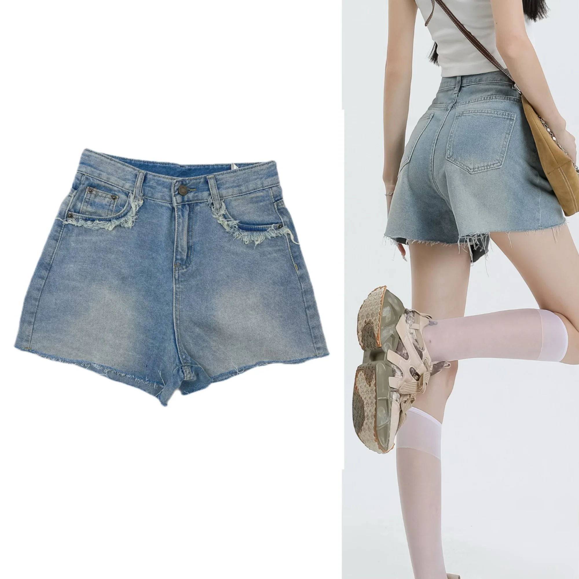 

2025 women's American high waisted denim shorts for commuting and leisure A-type hot pants spicy girls' loose wide leg pants