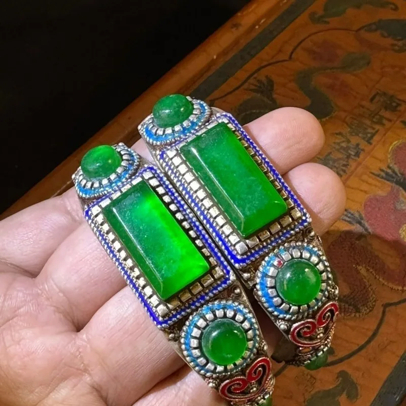 Vintage Chinese Palace Collectible Bangle, Filigree Cloisonne Craft, High Ice Old Jadeite Inlay, Rare Antique Hand Ornament