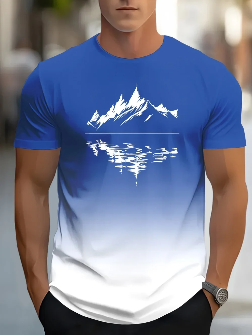 Fashion New Men Mountain Lake Reflection Print T Shirt Gradient Black Grey Short Sleeve Outdoor Nature Casual Crewneck Tees