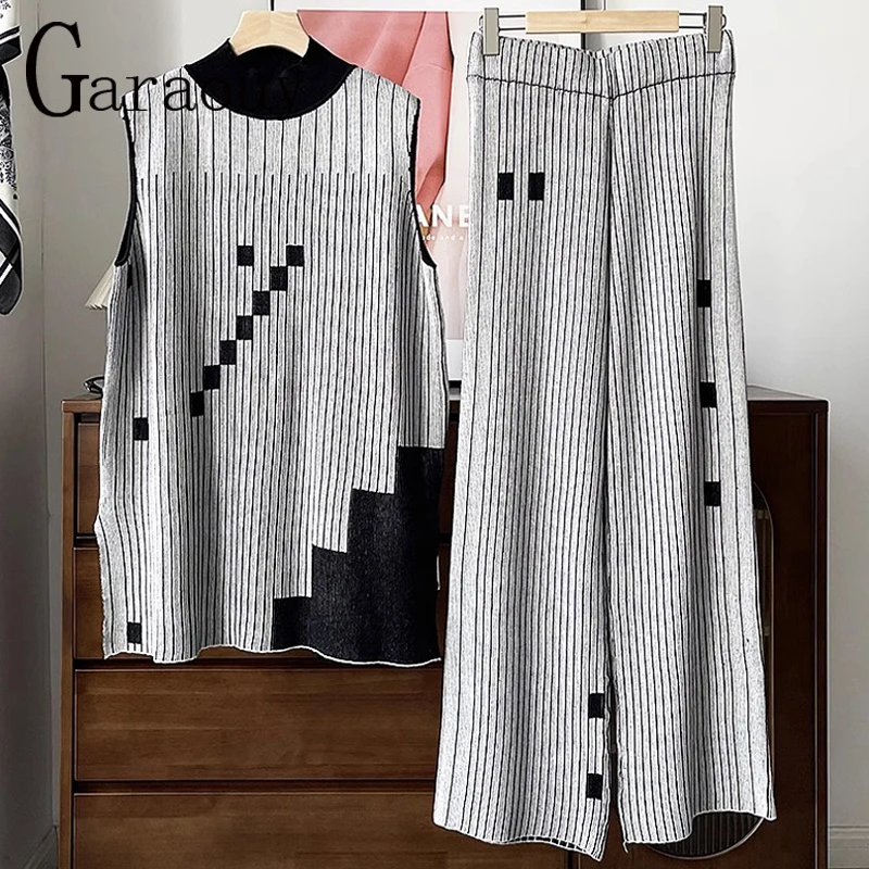 Garaouy 2024 Spring Women Contrast Geometric Stripes Simple Knit Vest+Elastic High Waist Straight Leg Pants Female Sweater Set