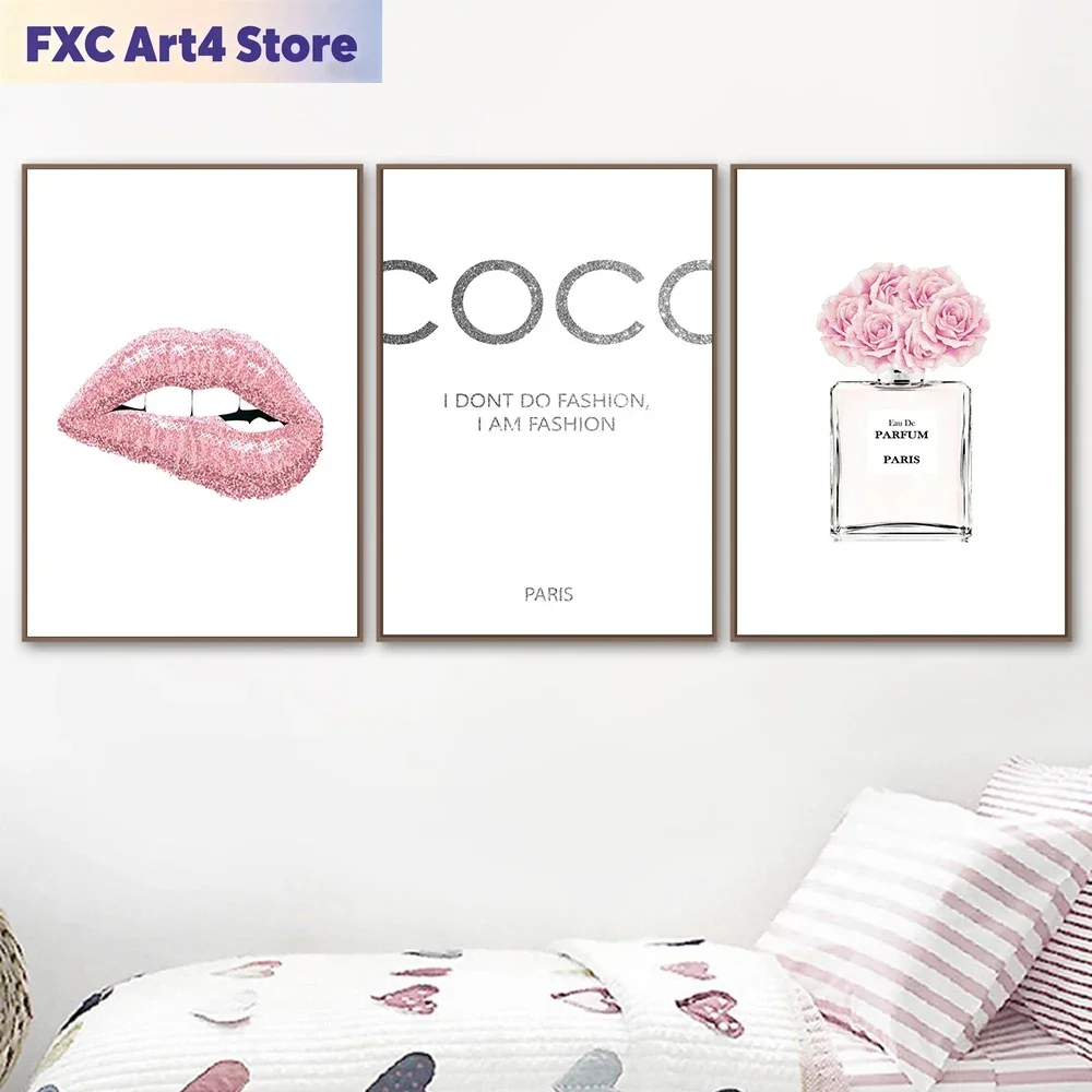 Póster y cuadro sin marco con diseño de flores, perfume y labios rosas, arte de pared con citas de Coco, pintura en lienzo para sala de estar y hogar.