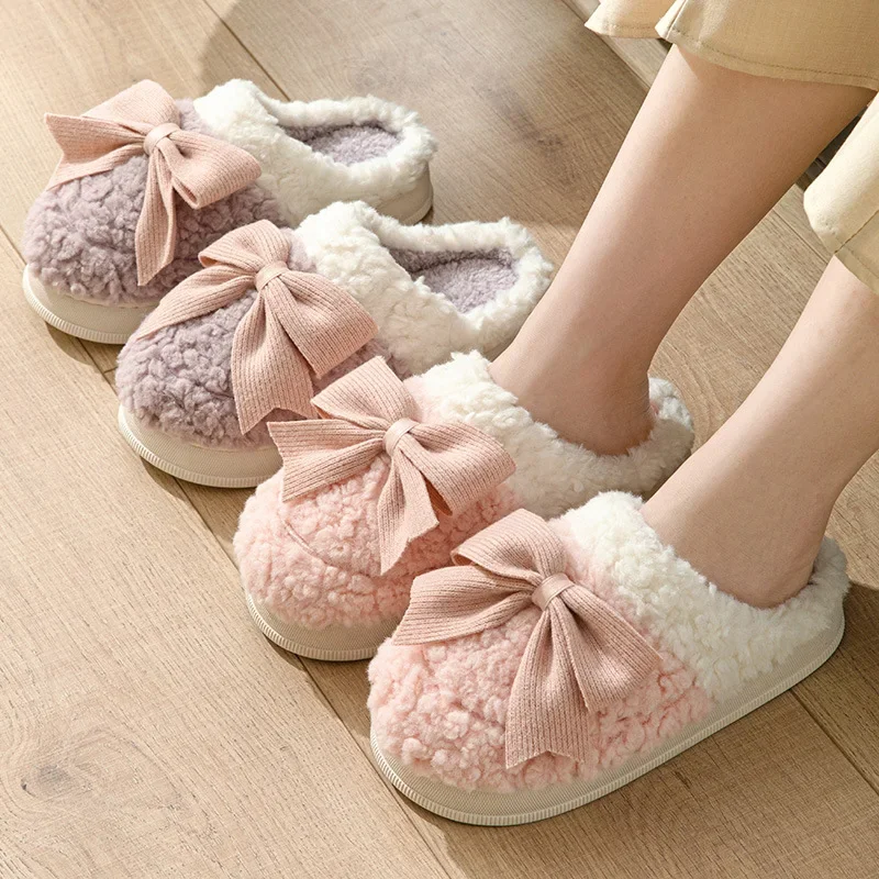 Lace Bowknot Faux Fur Slippers for Women Sweet Winter Soft Plush Home Slippers Woman New 2023 Non-Slip Warm Indoor Cotton Slides