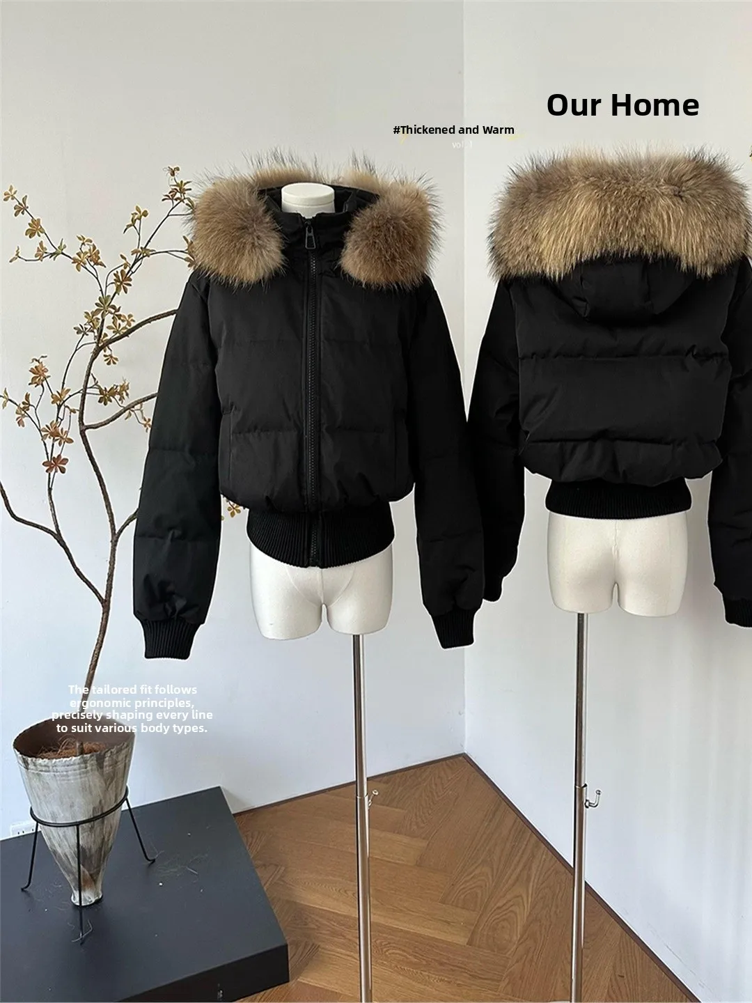 

Black Duck down Short Puffer Jacket Women's Winter Thick Warm High-End Feeling Korean Style Coat Rabbit Fur Collar Zipper Clo...