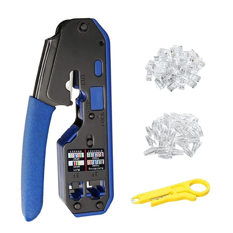 RJ45 Crimp Tool Set All-In-One Stripper Cutter With 50 PC CAT6 Pass Through Connectors 50 PC RJ45 Cat6 Protection Covers