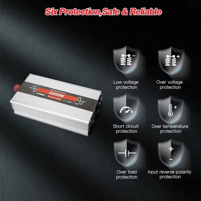 24v 12v DC/AC Power Inverters Grid Solar Pure Sine Wave Single Phase 2000W Automotive Home Appliance Use Aluminium Alloy CE&ROHS
