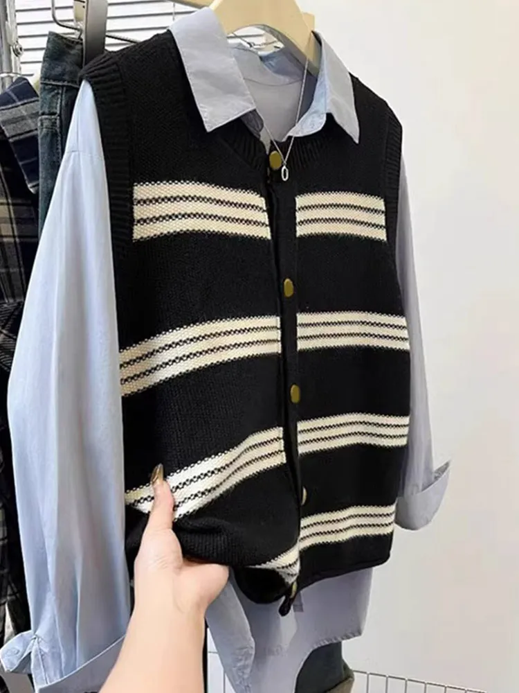 

Полосатый дизайн, вязаный открытый кардиган, повседневный круглый жилет Ne, верхний слой, эффект похудения, для отдыха, против старения