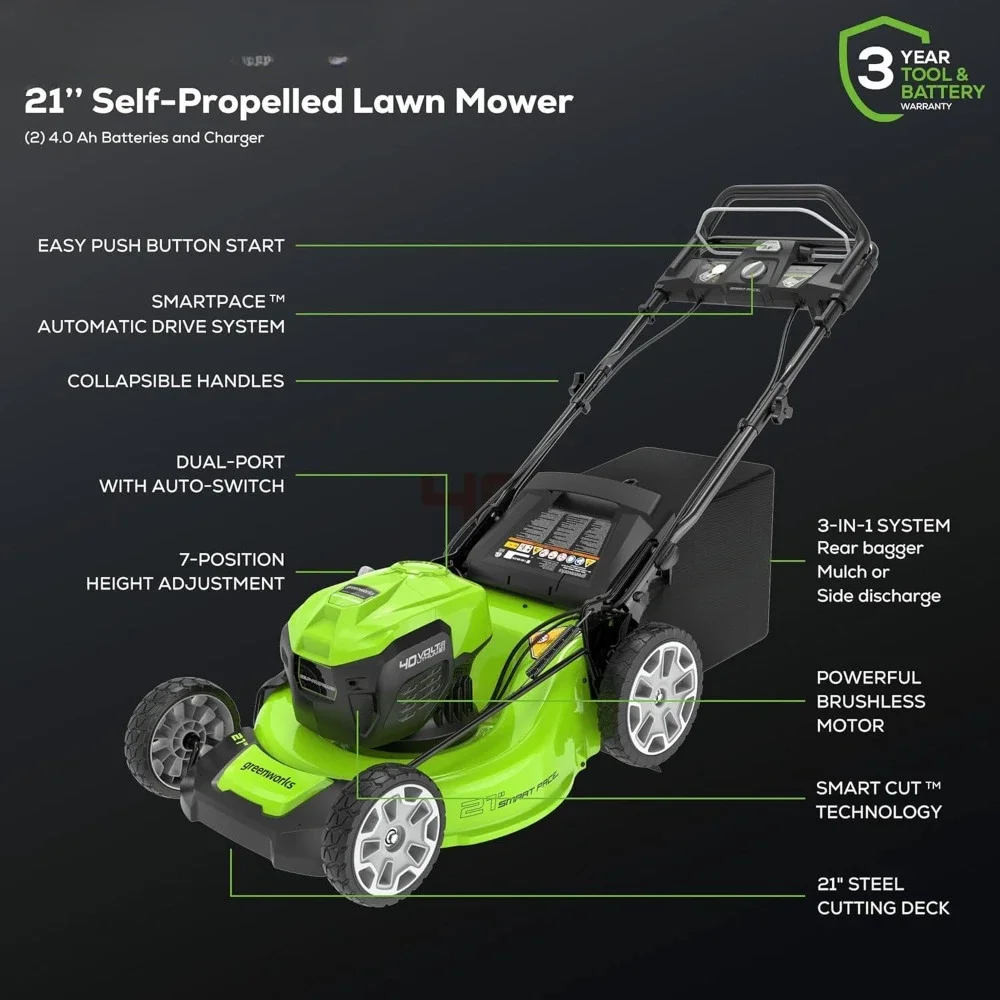 40V 21" Brushless Cordless (Smart Pace / Self-Propelled) Lawn Mower (75+ Compatible Tools), (2) 4.0Ah Batteries and Charger